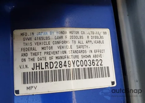 2000 Honda Cr-V Lx z USA, uszkodzony, nr VIN JHLRD2849YC003622